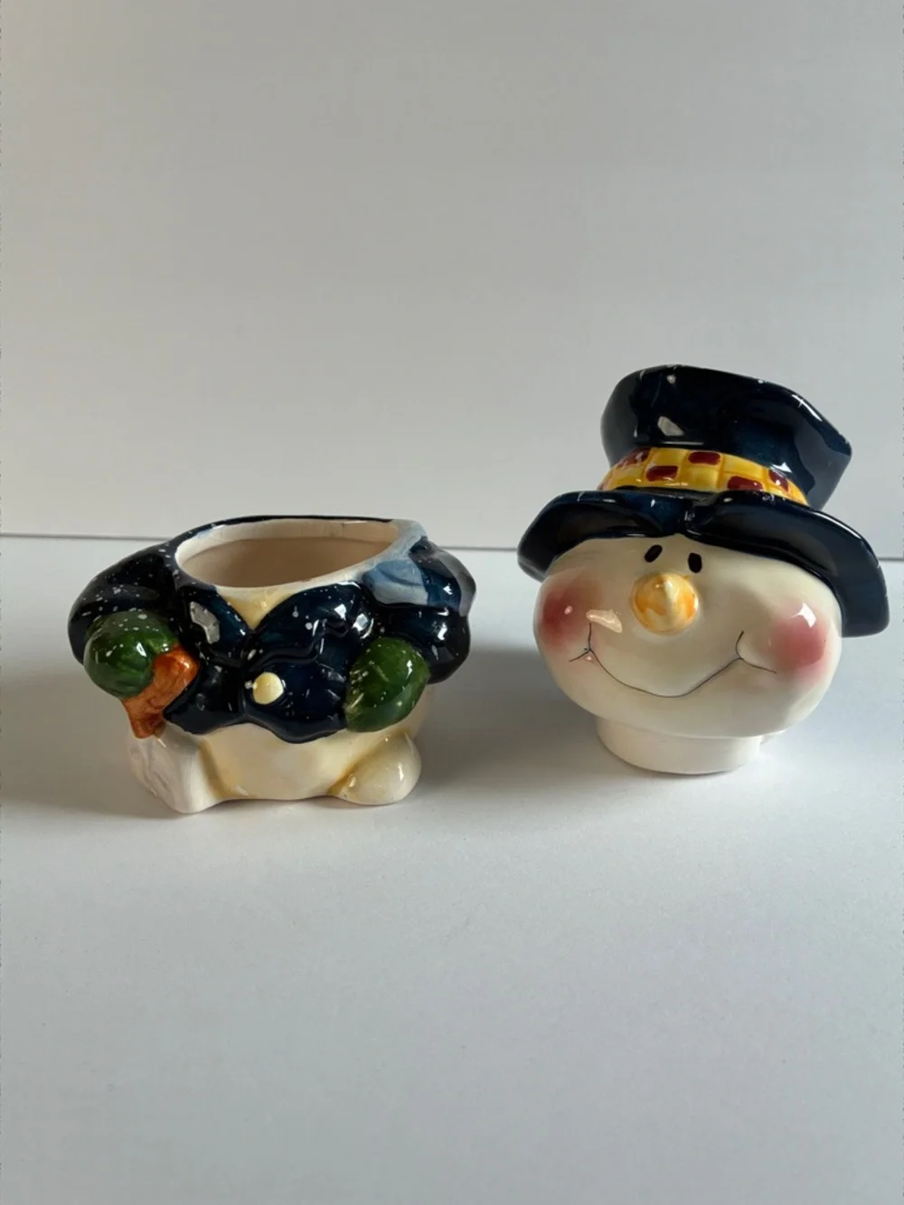 Ceramic Snowman Canister  Figurine with Navy Hat and Green Mittens